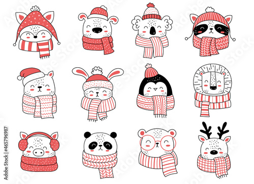 Vector collection of cute animals in clothes for Christmas and New Year. Doodle line isolated illustration. Winter holidays, baby shower, birthday, children's party