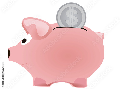 Hand put dollar coin in piggybank. vector