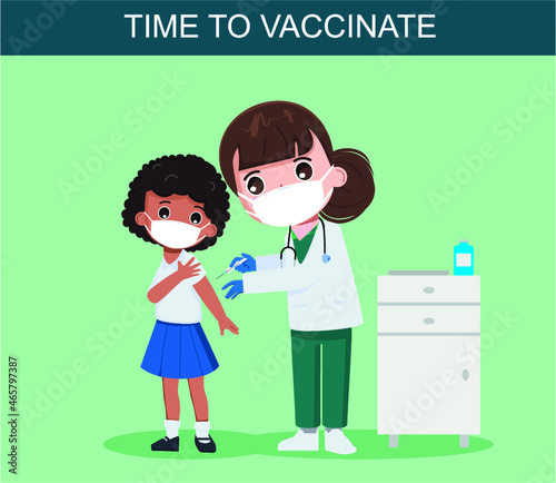 Children vaccination concept for immunity health. Doctor pediatrician makes an injection of flu vaccine to a kid in hospital. prevention and immunize.