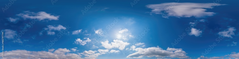 Fototapeta premium Blue sky panorama with Cirrus clouds in Seamless spherical equirectangular format. Full zenith for use in 3D graphics, game and editing aerial drone 360 degree panoramas for sky replacement.