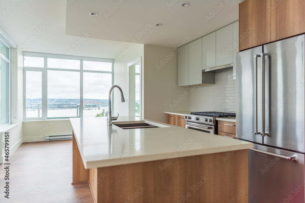 Modern, bright, clean empty kitchen interior with stainless steel appliances in a luxury house. Modern, bright, clean empty kitchen interior with stainless steel appliances in a luxury house.