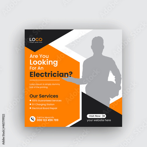 Electrician promotional Square banner social media post or instagram banner template Premium Vector