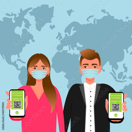 Vaccinated man and woman using digital health passports to travel. Immunization certificate with qr code on device screen. Illustration, vector