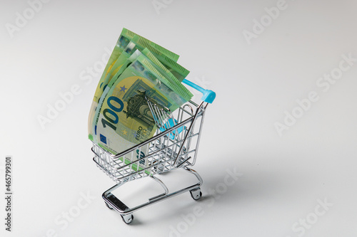 shopping trolley with 100 euro notes isolated on white background