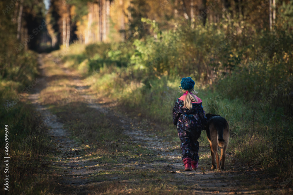 Girl and her dog in the woods