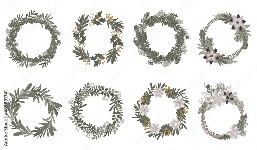 Vector collection of wreaths for Christmas and New Year. Doodle isolated illustration. Winter holidays, baby shower, birthday, children's party
