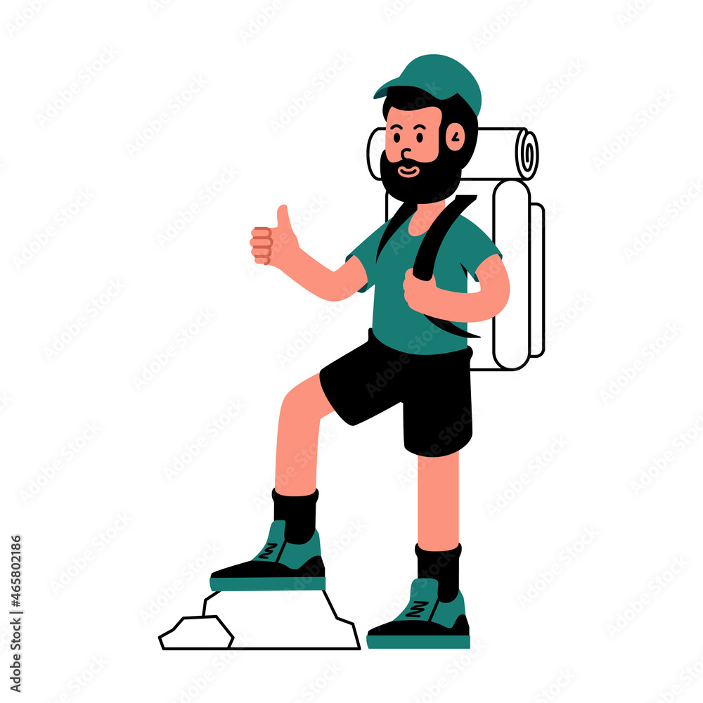 Happy man tourist hiker with beard wearing cap with backpack give the thumbs up. Concept lifestyle outdoor activity vector illustration isolated