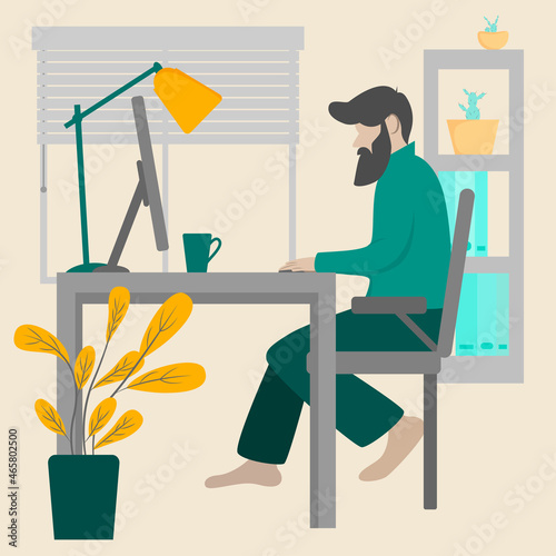 The man is working at the computer. A bright workplace with flowers. Home office concept. Vector illustration