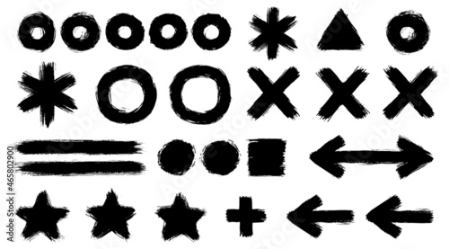 Dry brush signs set. Monochrome isolated vector figures. Hand-drawn images kit. Simple circles, stars, arrows, crosses and squares shapes collection. © Anastasia