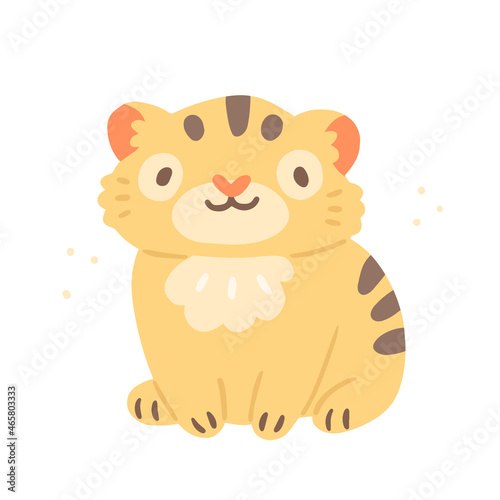Cute character sitting tiger cub in cartoon style. Vector illustration isolated on background.