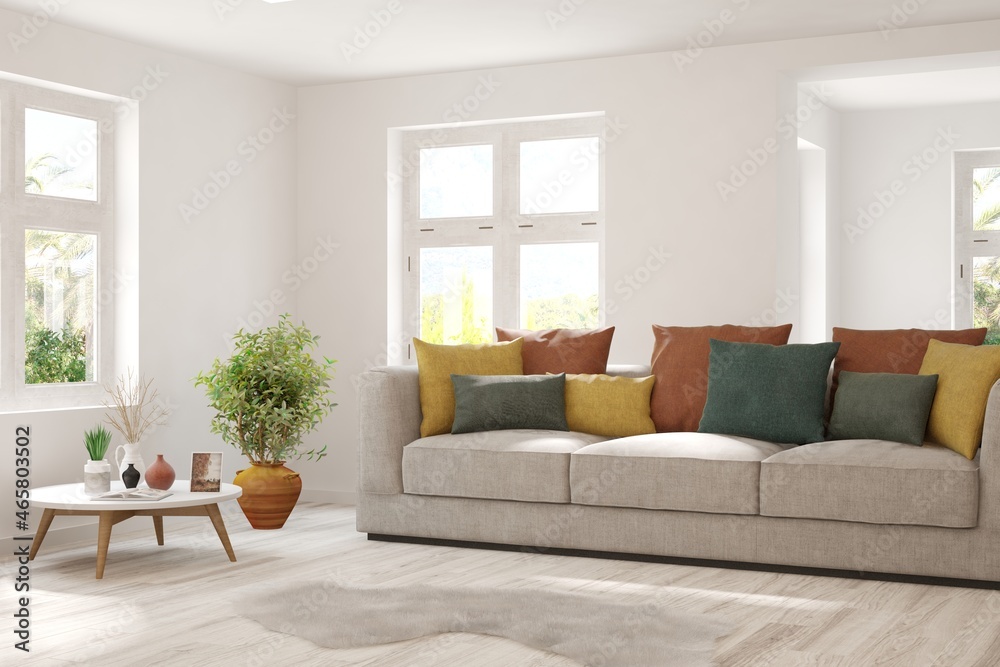 Modern living room in white color with sofa. Scandinavian interior design. 3D illustration Modern living room in white color with sofa. Scandinavian interior design. 3D illustration