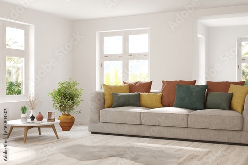 Modern living room in white color with sofa. Scandinavian interior design. 3D illustration