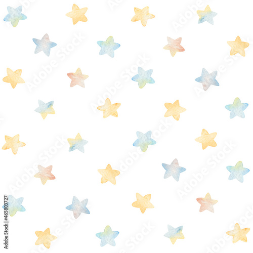 Watercolor seamless pattern gentle golden and blue stars on white background. Hand made illustrations print. For design  baby room  cards  linens  linen  wallpaper  cases design  posters.