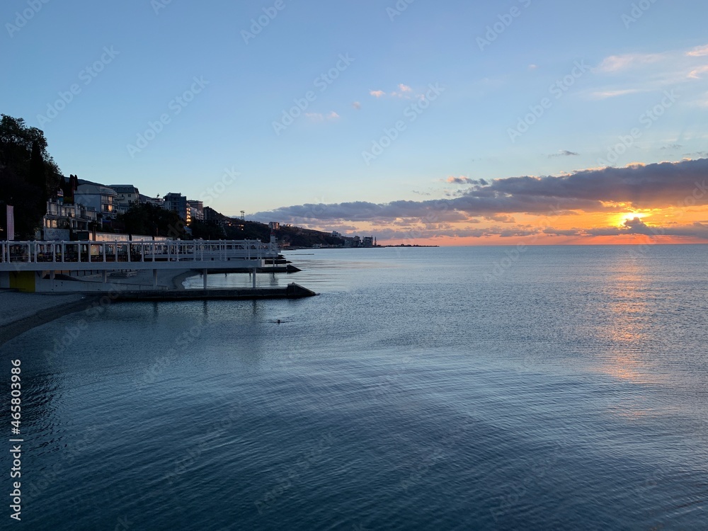 view of the Black Sea coast in cloudy weather from the ship