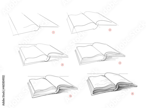 Page shows how to learn to draw sketch of old open book in perspective. Creation step by step pencil drawing. Educational page for artists. Textbook for developing artistic skills. Online education.