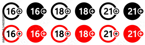 Set of age restriction signs in two colors. Age limit from 16 to 21 years. Adults сontent icons, prohibition signs. 16, 18, 21 age symbols. Vector illustration.