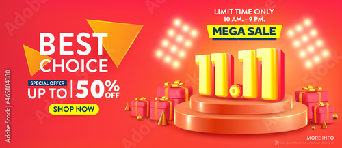 Vector of 11.11 Shopping day Poster or banner with gift box and spotlight background.11 november sales banner template design for social media and website.