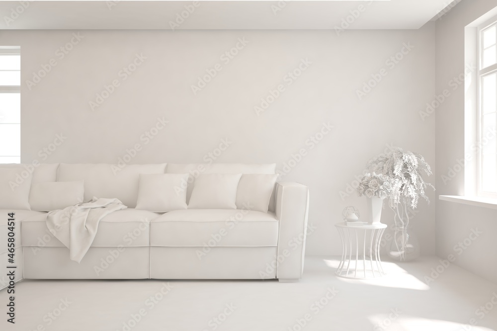 Fototapeta premium White minimalist living room with sofa. Scandinavian interior design. 3D illustration