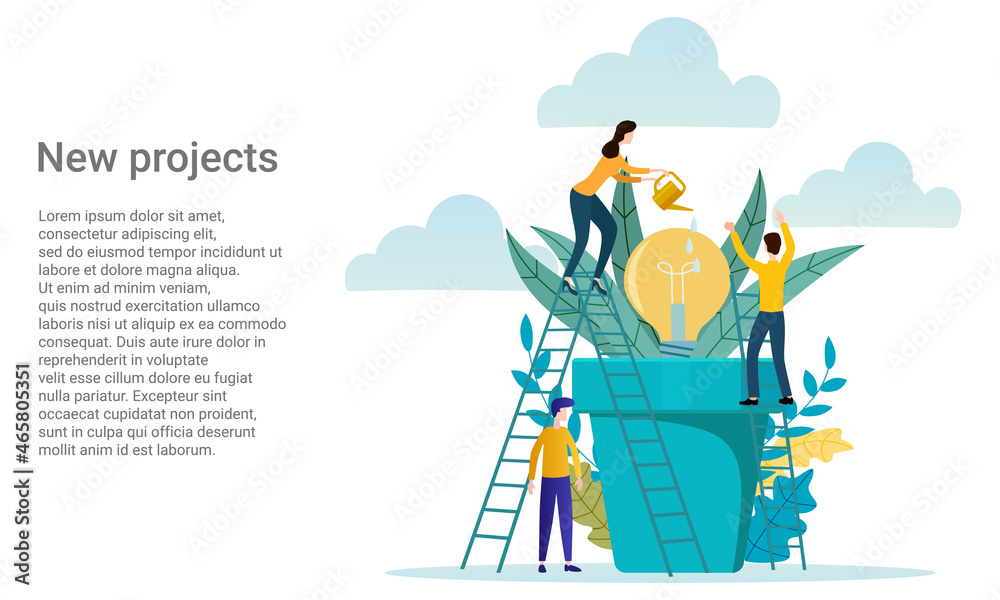 Fototapeta premium New projects.People water a light bulb in a flower pot.Business investments and support of new projects.Poster in business style.Vector illustration.