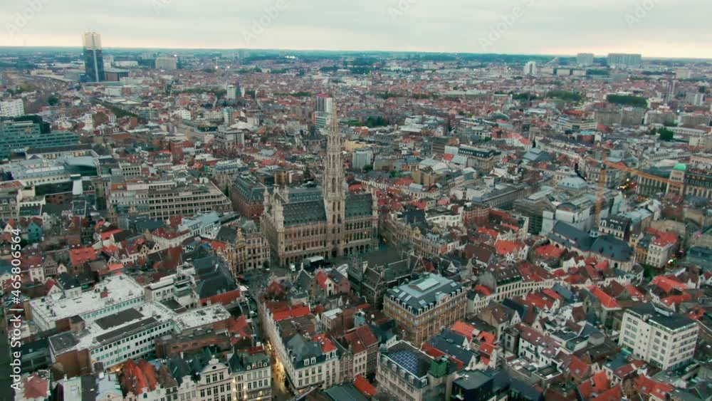 Establishing Aerial Shot of Brussels Skyline, Capital of Belgium. The Grand Place - picturesque old square in Europe. Popular tourist destination with medieval architecture. 4K drone panoramic video Establishing Aerial Shot of Brussels Skyline, Capital of Belgium. The Grand Place - picturesque old square in Europe. Popular tourist destination with medieval architecture. 4K drone panoramic video