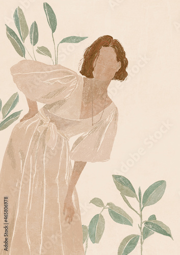 Abstract Boho Woman Portrait. Minimalist Female simple Modern Art. Pastel colors, Hand Drawn Contemporary card, logo Illustration