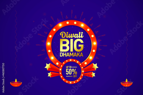 Diwali Dhamaka sale Offer, Template, Banner, Logo Design, Icon, Poster, Unit, Label, Web Header, Vector, illustration, Tag, Diwali Celebration background, Sign, Symbol, 50%off, Diwali modern logo.