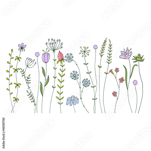 Handmade vector illustration for your design. Decorative leaves and flowers on white background. Doodle style.