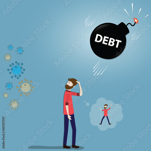 Flat design of business finance,Young businessman survives from virus pandemic but face the problem of debt - vector