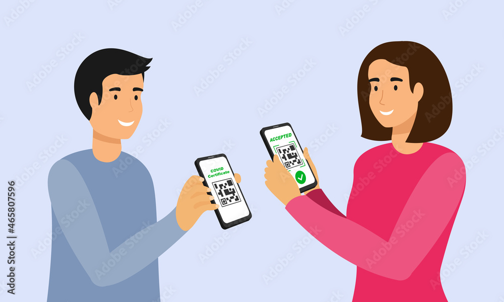 People scanning QR code on a smartphone screen covid certificate. On the second display, the green check mark icon, accepted People scanning QR code on a smartphone screen covid certificate. On the second display, the green check mark icon, accepted