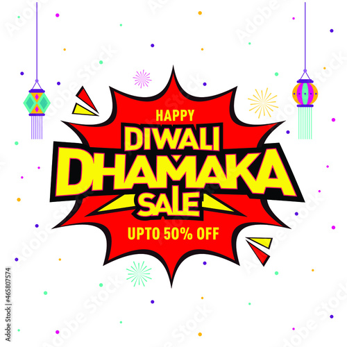 Diwali Dhamaka sale Offer, Template, Banner, Logo Design, Icon, Poster, Unit, Label, Web Header, Vector, illustration, Tag, Diwali Celebration background, Sign, Symbol, 50%off, Diwali modern logo.