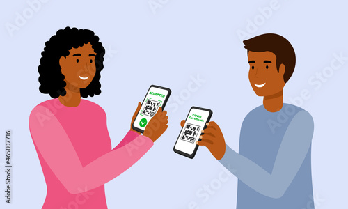 Black People scanning QR code on a smartphone screen covid certificate. On the second display, the green check mark icon, accepted