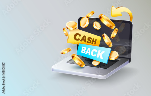 Laptop icon cash back, bonus coin, computer money finance. Vector