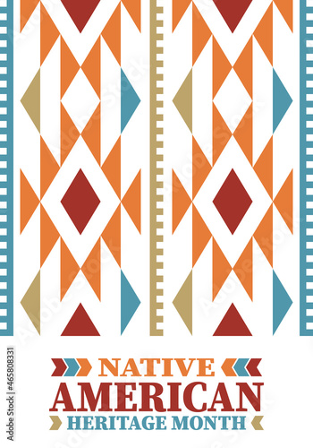 Native American Heritage Month. American Indian culture. Celebrate annual in in November in United States. Tradition Indian pattern. Poster and banner. Vector authentic ornament, ethnic illustration