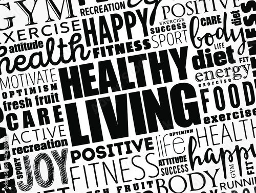 Healthy Living word cloud collage, health concept background