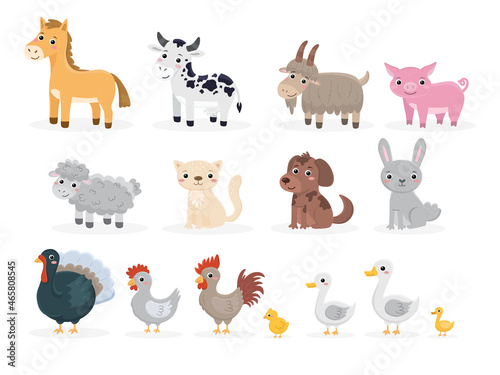Farm animals set. Printable templates. Vector illustration in flat style isolated. Cute cartoon animals collection.