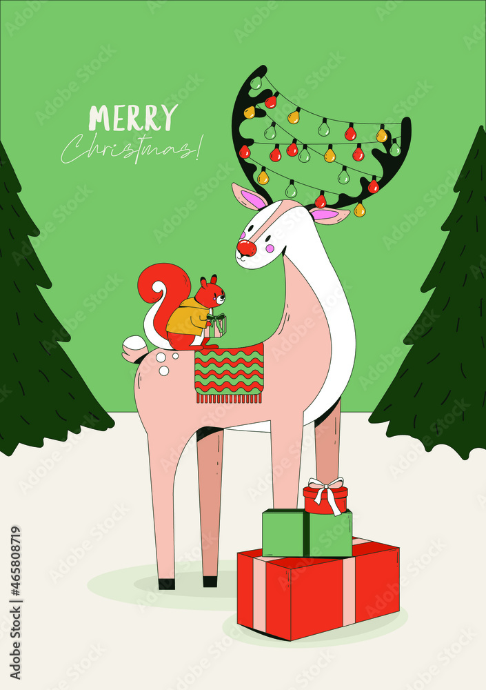 Naklejka premium Vector illustration. Winter holidays greeting card with a reindeer, squirrel, presents and Christmas lights. Forest landscape festive drawing. Happy new year 2022.