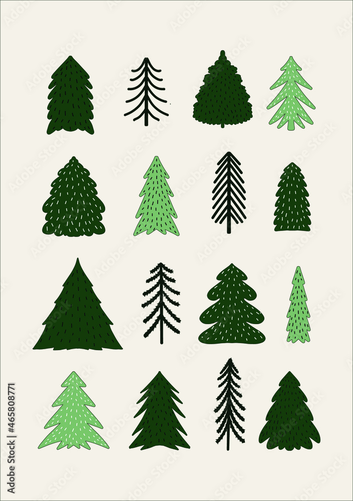 Vector illustration. Winter holidays greeting card with different evergreen Christmas trees. Pine and fir tree forest landscape festive drawing. Happy new year 2022.