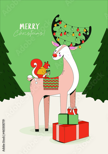 Vector illustration. Winter holidays greeting card with a reindeer, squirrel, presents and Christmas lights. Forest landscape festive drawing. Happy new year 2022.