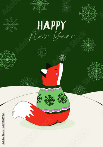Vector illustration. Winter holidays greeting card with a cute Christmas fox in sweater and snowflakes. Forest landscape festive drawing. Happy new year 2022.