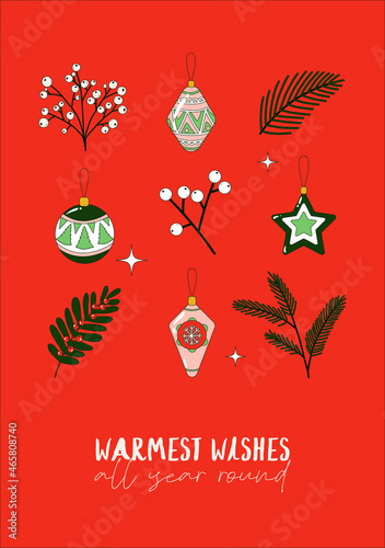 Vector illustration. Winter holidays greeting card with Christmas lights and bulb decorations. Forest evergreen tree brunches and mistletoe drawing. Happy new year 2022.