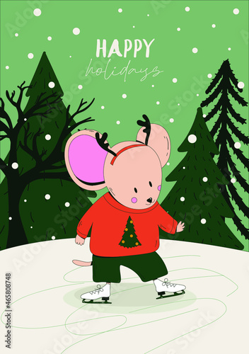 Vector illustration of adorable mouse. Winter holidays greeting card with a cute mice in a sweater, ice skates and reindeer horns. Forest landscape festive drawing. Happy new year 2022.