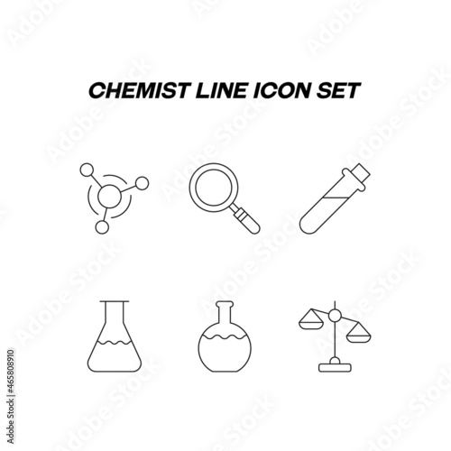 Chemist line icon set. Collection of vector signs in flat style isolated on white background. Line icons of chemical compound, magnifying glass, laboratory bulb, analytical balance, laboratory scale
