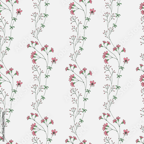 Seamless floral texture for your design. Hand-drawn pattern with pink flowers and leaves.