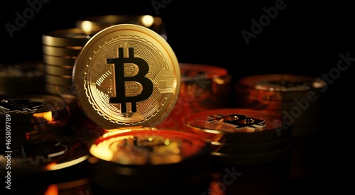 A lot of gold bitcoin ( BTC ) Close up in isolated on black background. 3d rendering