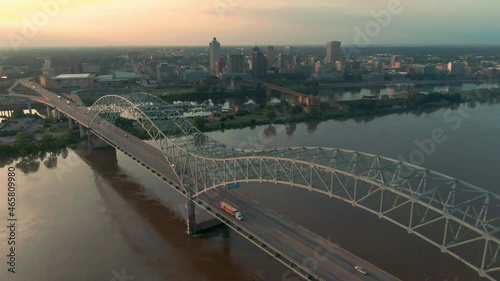 Aerial: Memphis Hernando De Soto Bridge and downtown Memphis at sunset, Tennessee. USA photo