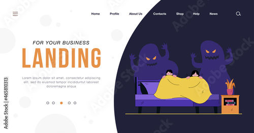 Cartoon little children afraid of ghosts in darkness. Flat vector illustration. Kids trembling and hiding under covers from scary ghost shadows on wall behind. Childhood, fear, mystery concept