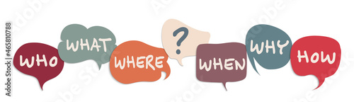Valokuva Vector isolated colorful speech bubble with text Who What Where When Why How and question mark