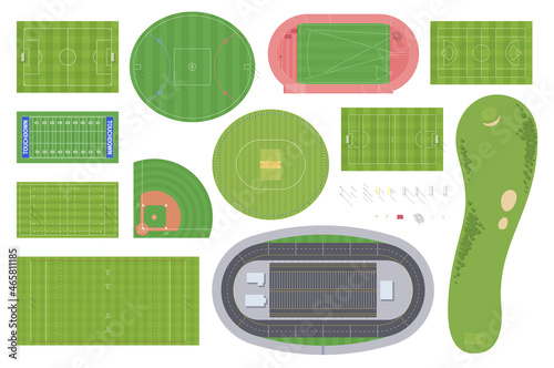 Sport arenas set. Top view. Stadiums, fields, playgrounds with goals & shadows. Outdoor sports. Collection