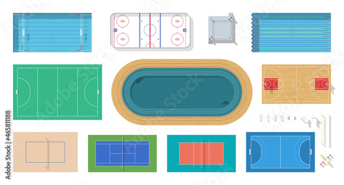 Sport arenas set. Top view. Courts, rinks, polls, playgrounds with goals, nets & shadows. Outdoor sports. Collection