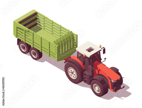 Isometric tractor with agricultural equipment set. Isolated low poly red tractor with green trailer for grass, hay & straw on white backgroung. Vector illustrator. Collection